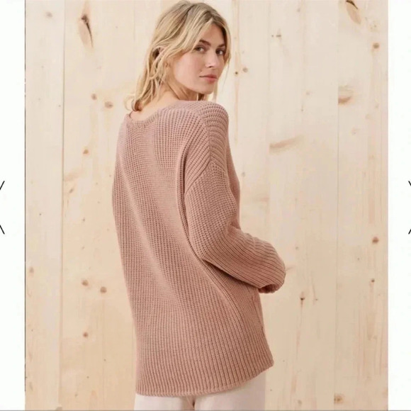 Jenni Kayne Cotton Cabin Sweater Oatmeal V Neck Oversized Knit Pullover Brown - Picture 4 of 13